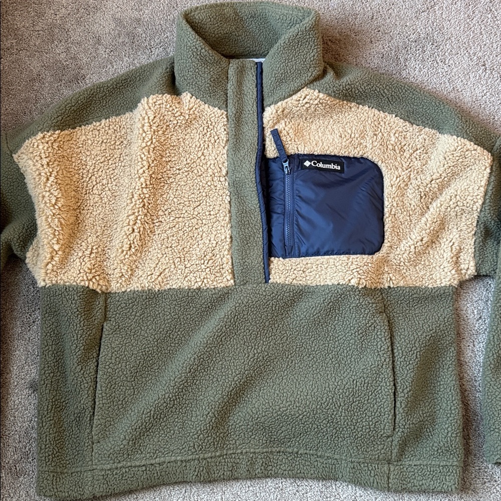 Columbia Lodge Sherpa Fleece Pullover Green Tan Quarter Snap SIZE XL Cozy - Picture 2 of 7